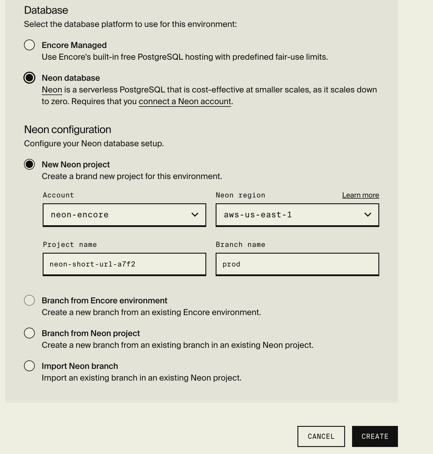 Encore create environment Postgres database